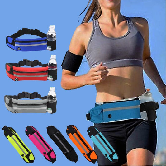 Running Belt Waist Bag with Hidden Water Bottle Holder, Men/Women Waist Pack with Bounce Free Technology, Reflective Strips fits Large Phone for Running, Hiking, Cycling