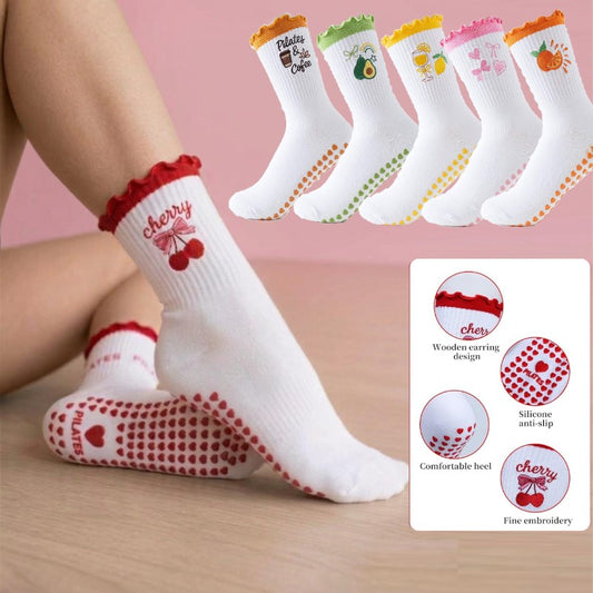 Fruits Patterns Embroidery Anti Sip Mid-Calf Yoga Socks(SK10)