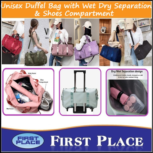 Unisex Duffel Bag with Wet Dry Separation & Shoes Compartment/ Gym Bag/ Fitness Bag/ Yoga Bag/Travel Bag