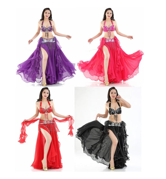 Double Slit Dance Skirt Curling Ears Belly Dance Skirt Chiffon Dance Skirt Belly Dance High Dance Skirt (Does not Include Waist Chain)