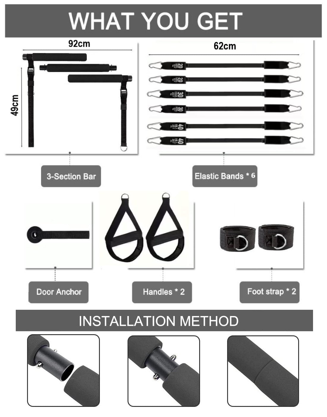 Portable Pilates Fitness Bar with 3 set Resistance Bands