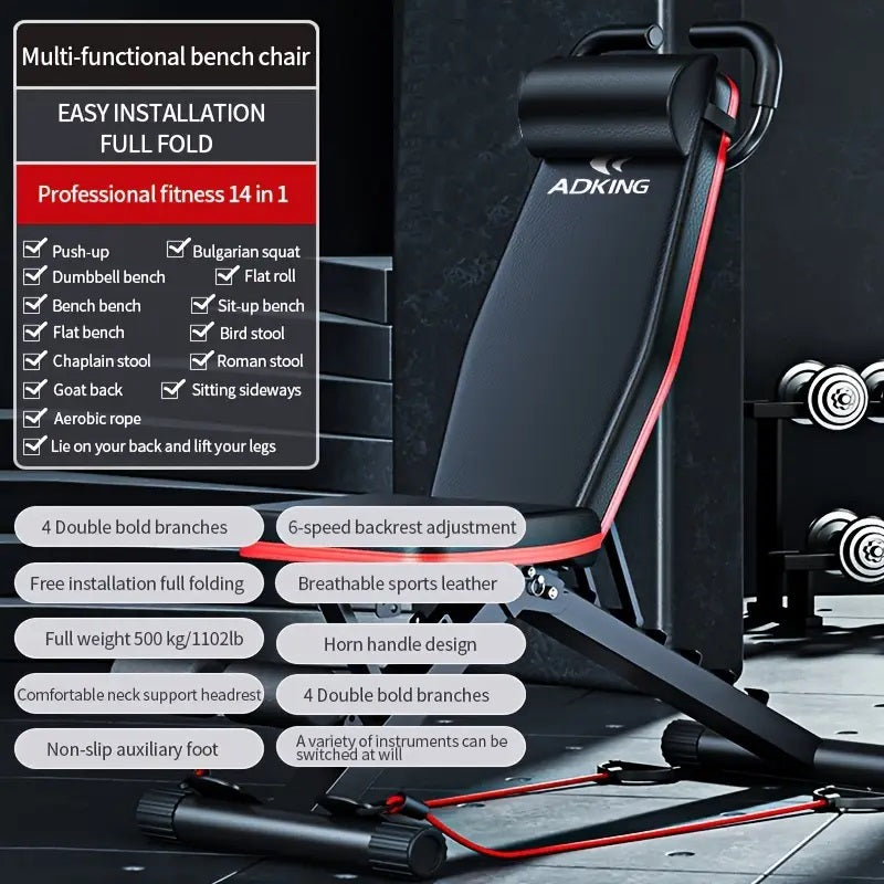Multifunctional Foldable Fitness Bench with Cushion Headrest and Handle/Adjustable Roman Chair & Dumbbell Stool/Core Training, Push-Ups, Pull-Ups /Versatile Sports Equipment