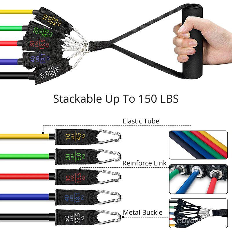 Workout Premium Quality 150lb Resistance Bands Set 11PCS Stackable Exercise Bands ( Up to 150 lbs )