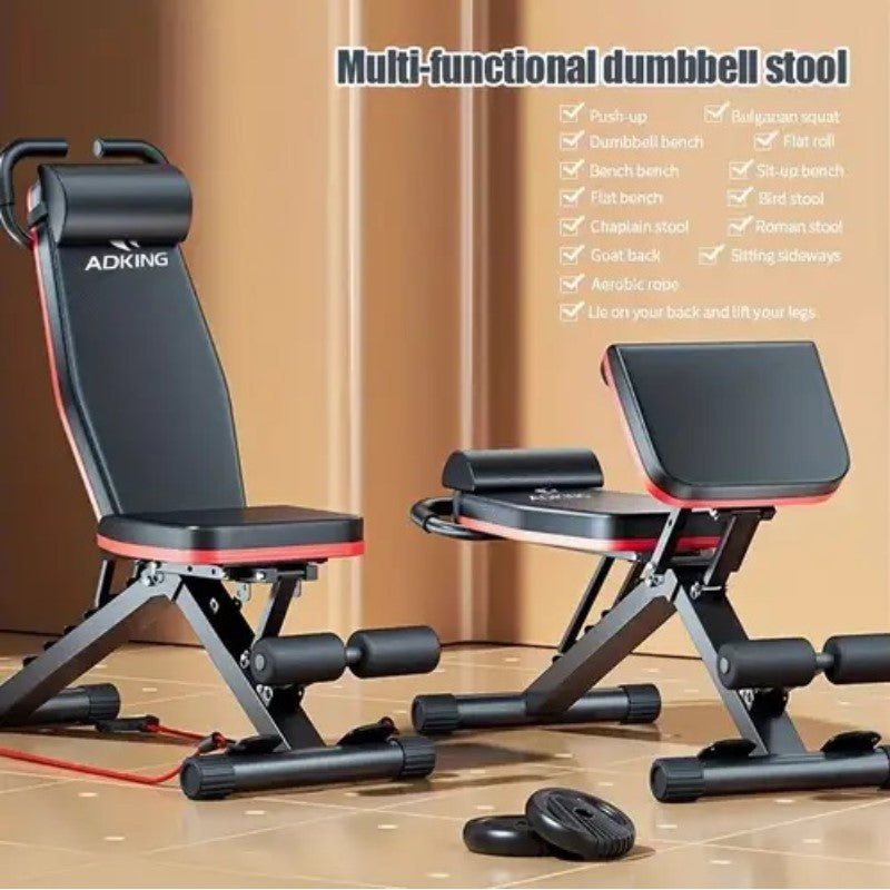 Multifunctional Foldable Fitness Bench with Cushion Headrest and Handle/Adjustable Roman Chair & Dumbbell Stool/Core Training, Push-Ups, Pull-Ups /Versatile Sports Equipment