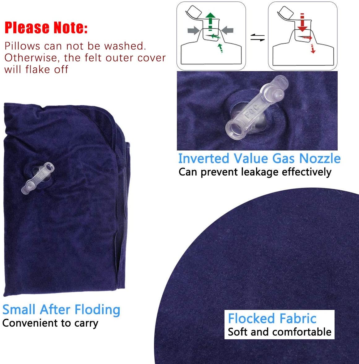 Portable Inflatable Flocked Air Pillow Neck and Lumbar Support Squared Inflatable Pillow Cushion/ Travel Cushion Camping (Blue)