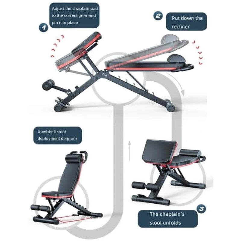 Multifunctional Foldable Fitness Bench with Cushion Headrest and Handle/Adjustable Roman Chair & Dumbbell Stool/Core Training, Push-Ups, Pull-Ups /Versatile Sports Equipment