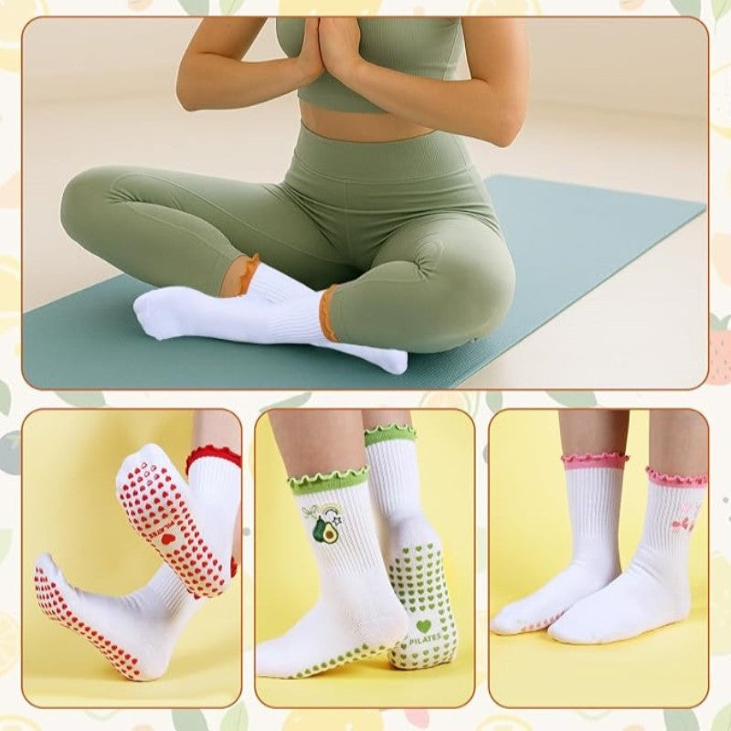 Fruits Patterns Embroidery Anti Sip Mid-Calf Yoga Socks(SK10)