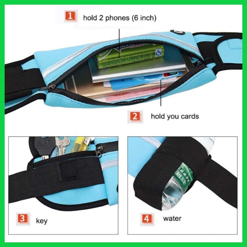 Running Belt Waist Bag with Hidden Water Bottle Holder, Men/Women Waist Pack with Bounce Free Technology, Reflective Strips fits Large Phone for Running, Hiking, Cycling