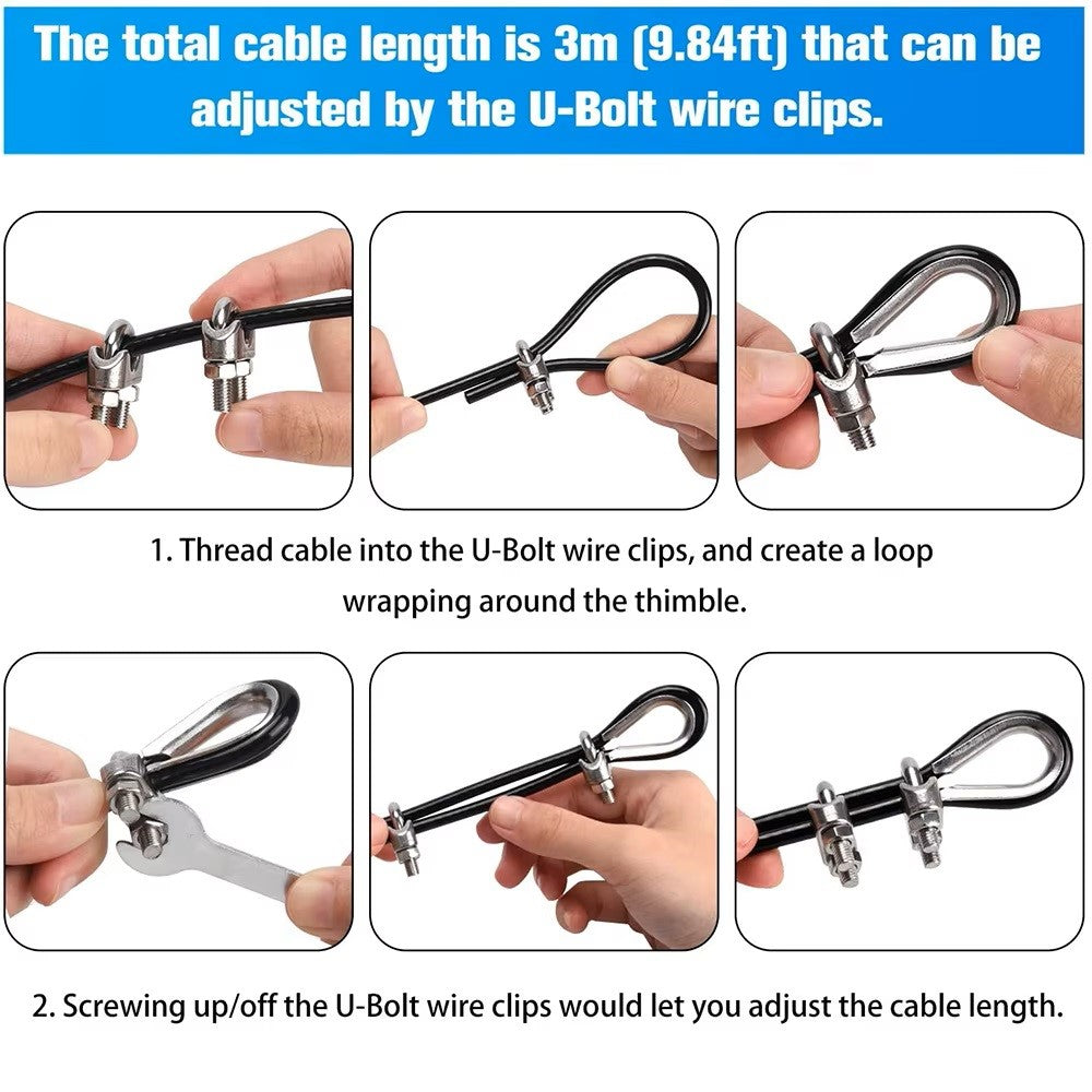 Heavy-Duty Black Steel Cable for Fitness Pulley System - Replacement Gym Wire Rope with Metal Connectors