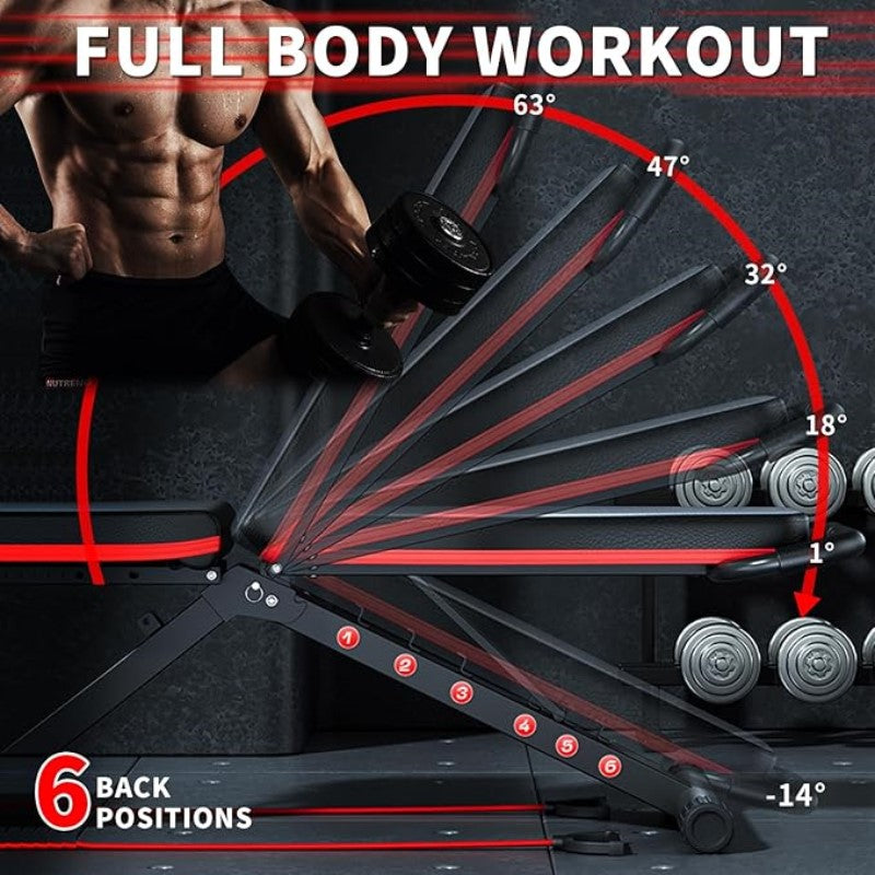 Multifunctional Foldable Fitness Bench with Cushion Headrest and Handle/Adjustable Roman Chair & Dumbbell Stool/Core Training, Push-Ups, Pull-Ups /Versatile Sports Equipment