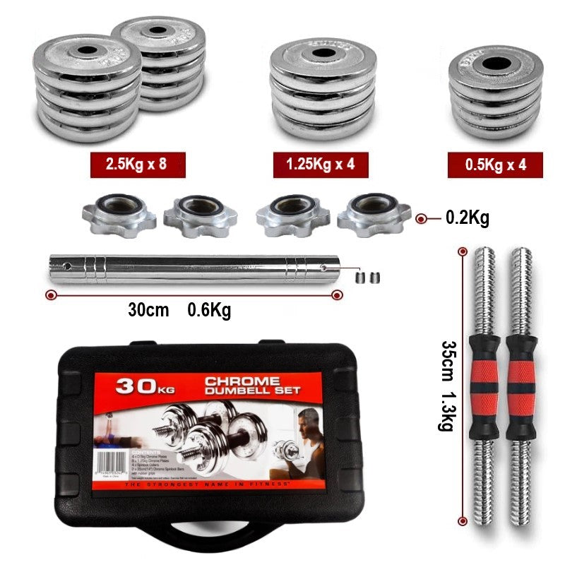 30Kg Multi-function Adjustable Chrome Weightlifting barbell/dumbbell set with Case