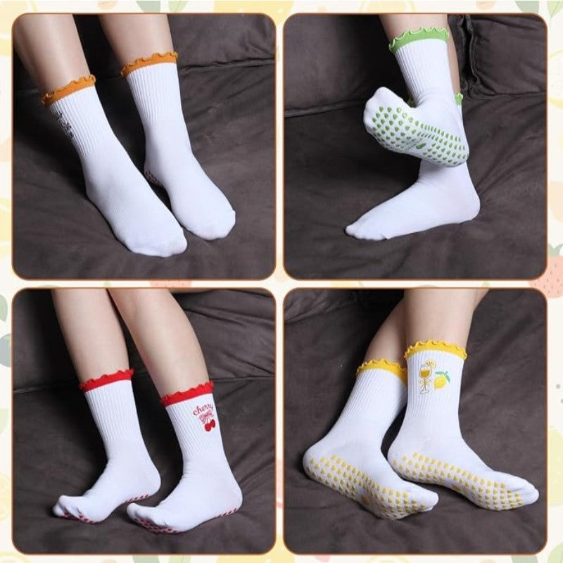 Fruits Patterns Embroidery Anti Sip Mid-Calf Yoga Socks(SK10)