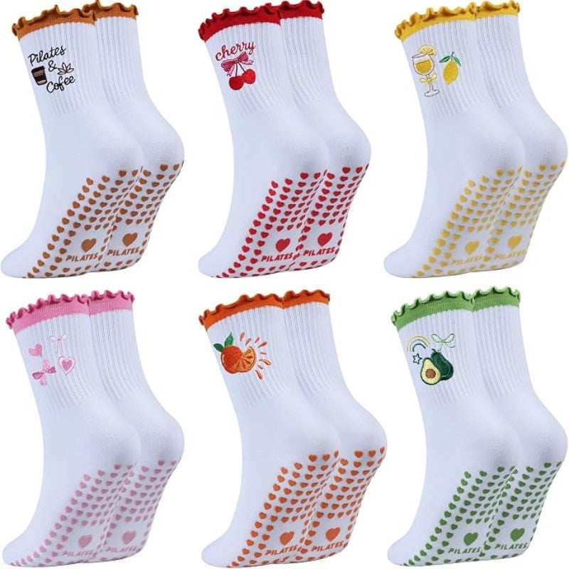 Fruits Patterns Embroidery Anti Sip Mid-Calf Yoga Socks(SK10)