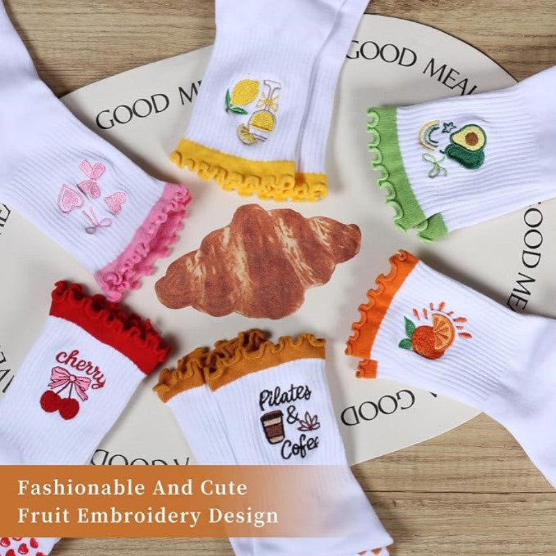 Fruits Patterns Embroidery Anti Sip Mid-Calf Yoga Socks(SK10)