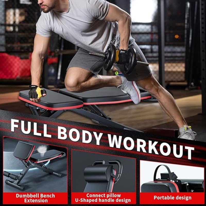 Multifunctional Foldable Fitness Bench with Cushion Headrest and Handle/Adjustable Roman Chair & Dumbbell Stool/Core Training, Push-Ups, Pull-Ups /Versatile Sports Equipment