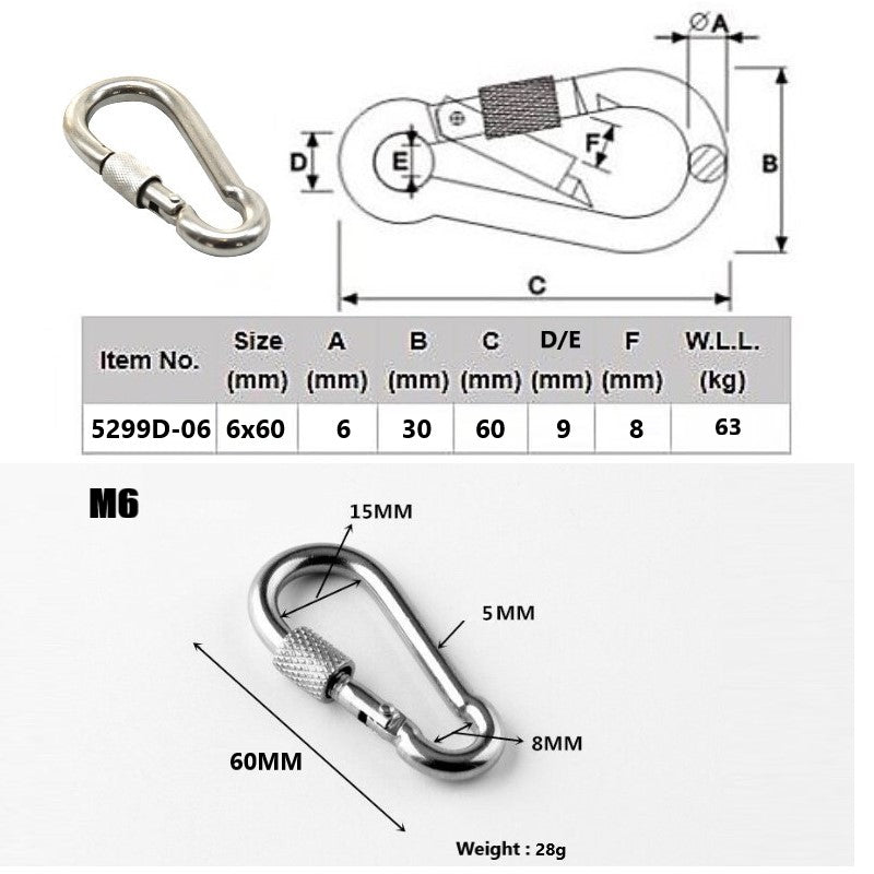 Carabiner Clip Heavy Duty Spring Snap Hooks, 304 Stainless Steel Carabiner With Nut Gauge Steel Carabine Snap Spring Clip