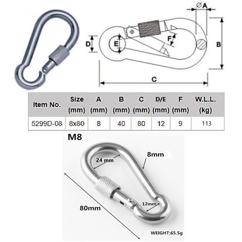 Carabiner Clip Heavy Duty Spring Snap Hooks, 304 Stainless Steel Carabiner With Nut Gauge Steel Carabine Snap Spring Clip