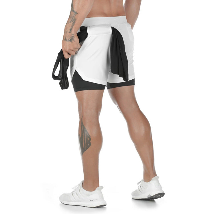 Men Gym Workout Training Running 2 Layers Shorts Pants with Phone Pocket