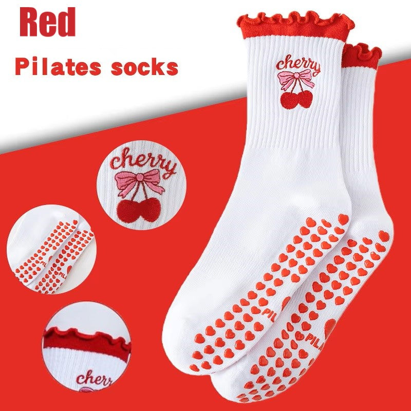 Fruits Patterns Embroidery Anti Sip Mid-Calf Yoga Socks(SK10)