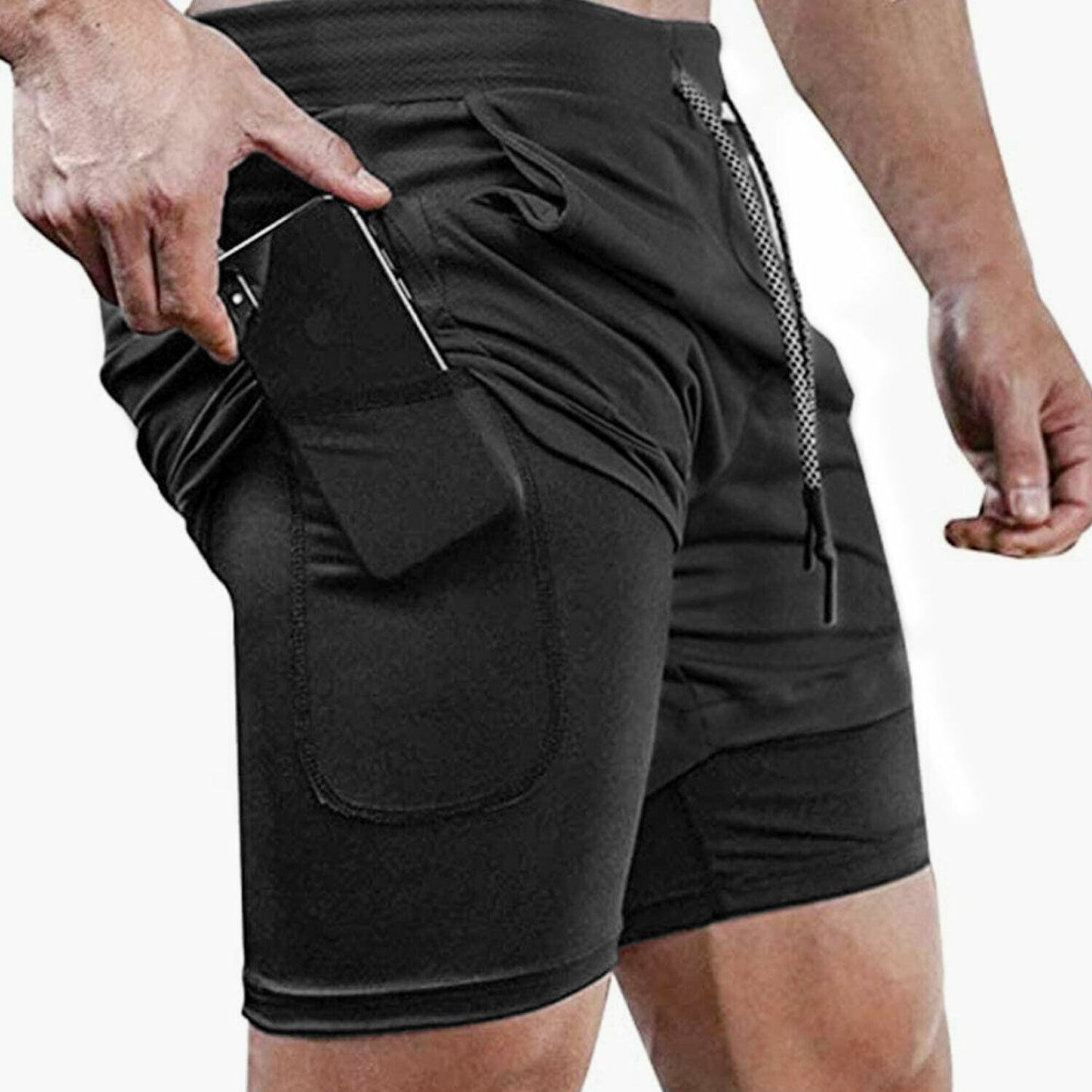 Men Gym Workout Training Running 2 Layers Shorts Pants with Phone Pocket