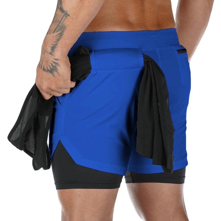 Men Gym Workout Training Running 2 Layers Shorts Pants with Phone Pocket