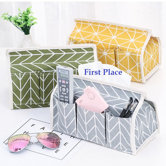 Cotton Linen Tissue Box Holder with Multi Pockets